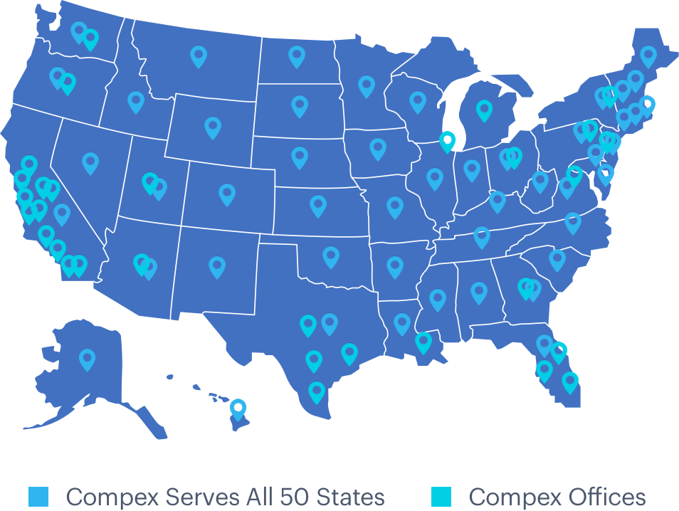 Nationwide coverage map showing Compex offices