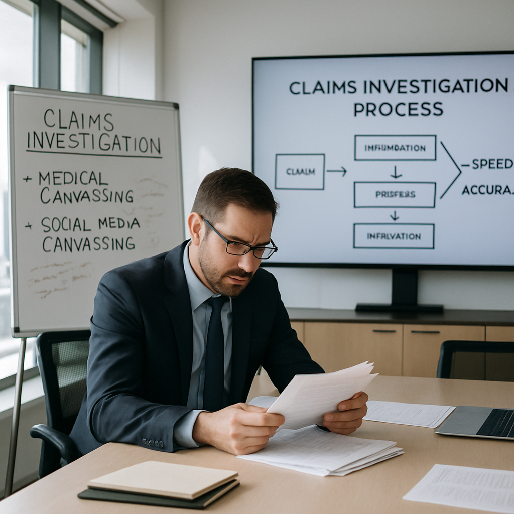 claims investigator looking at a bunch of paperwork