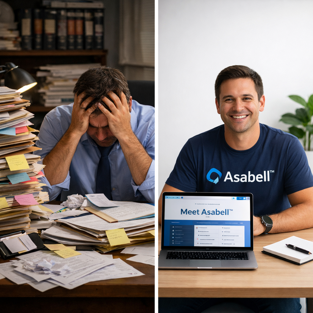 Split screen legal professional dealing with medical files before and after Asabell