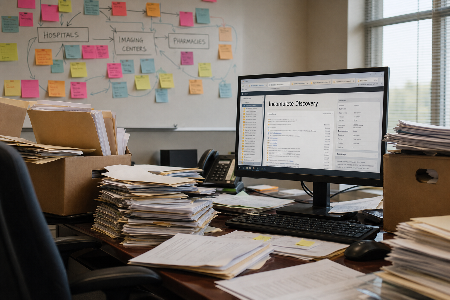 desk and computer showing incomplete medical discovery records