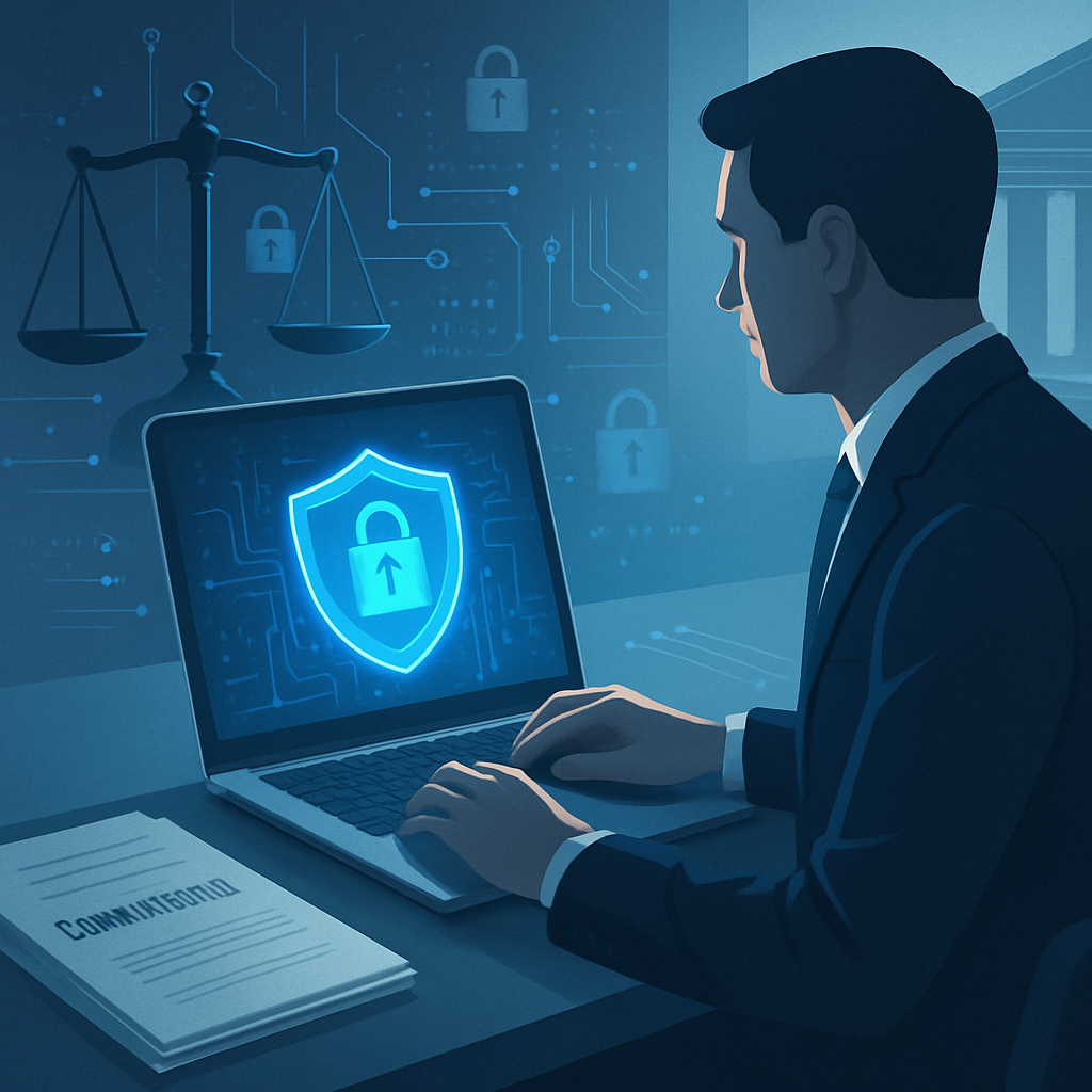 Lawyer at his laptop with cybersecurity streams throughout