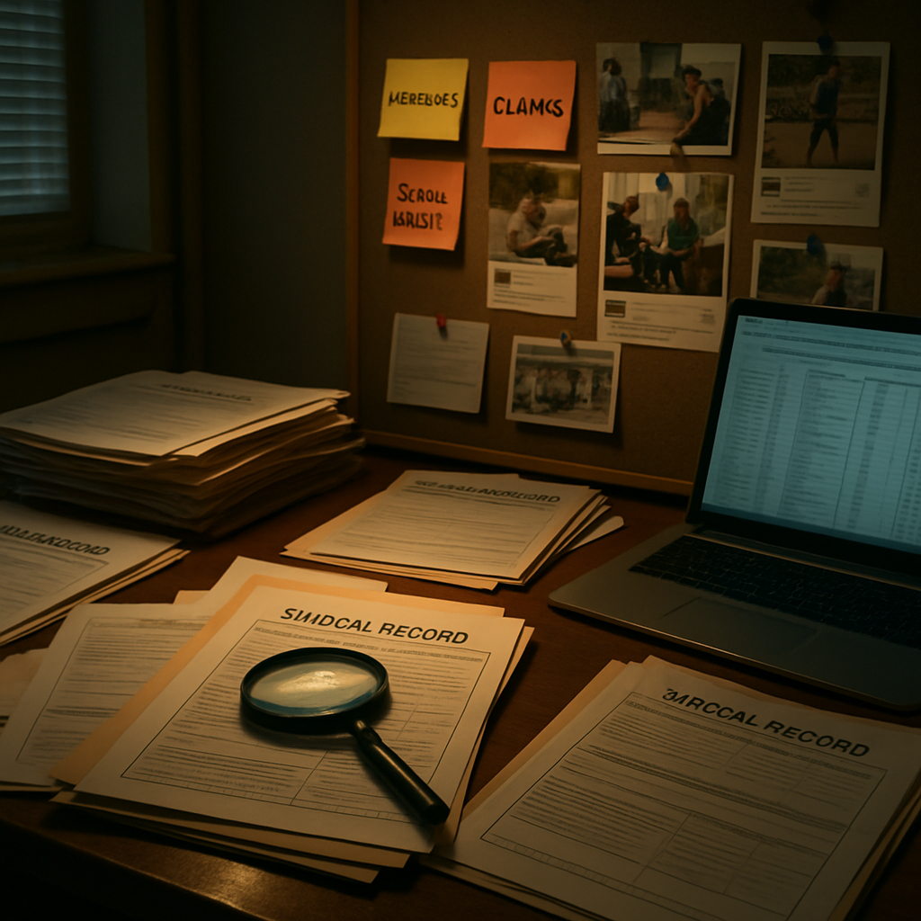 claims investigator reviewing claims, medical records, and social media activity