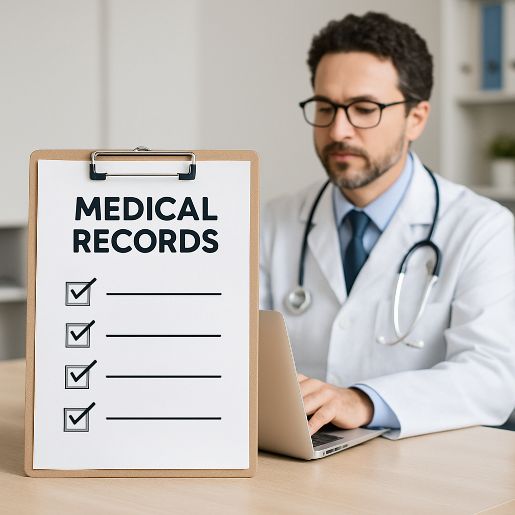 Physician sitting at desk with medical records checklist