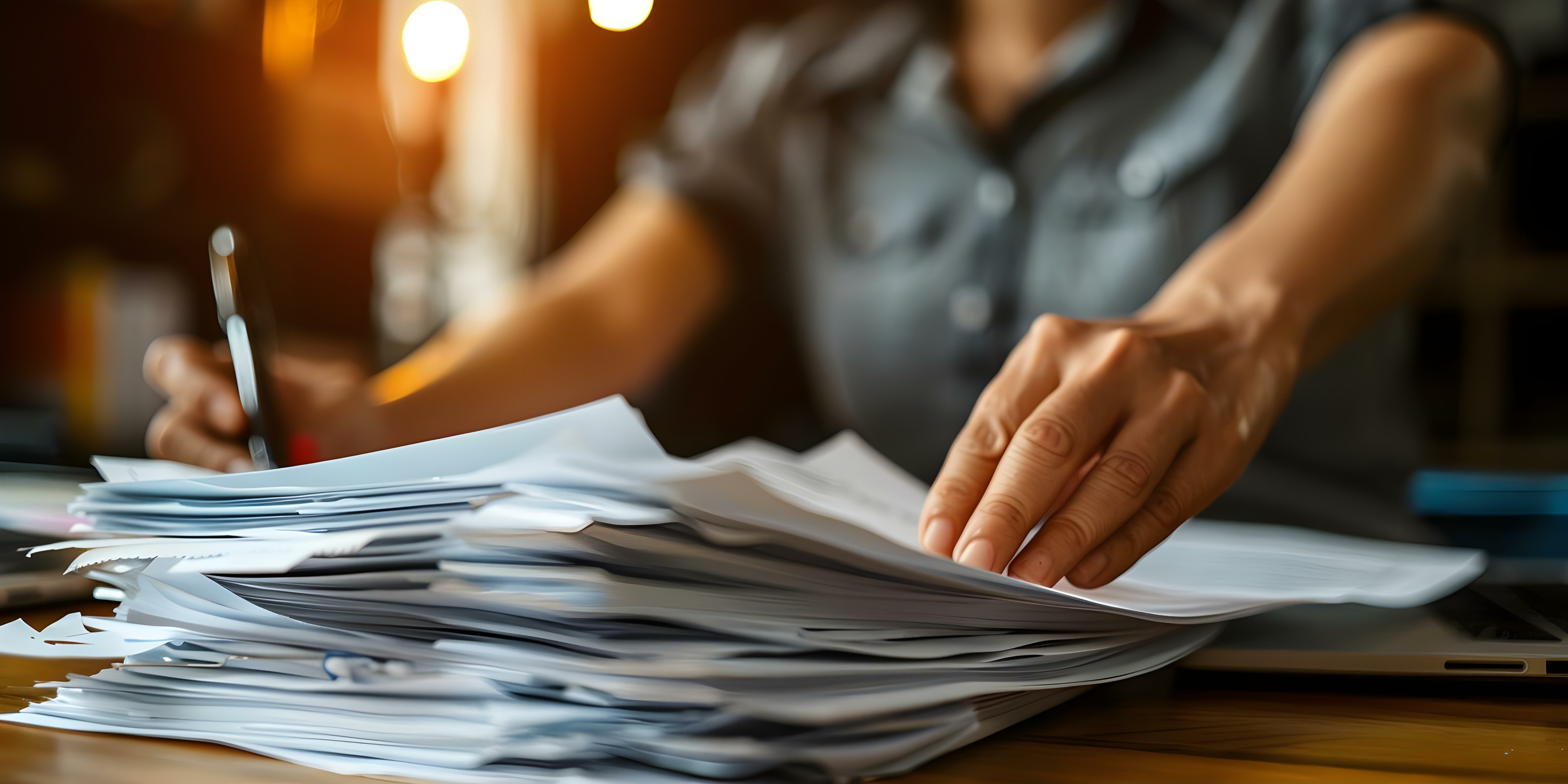 Paralegal going through stacks of deposition and court reports