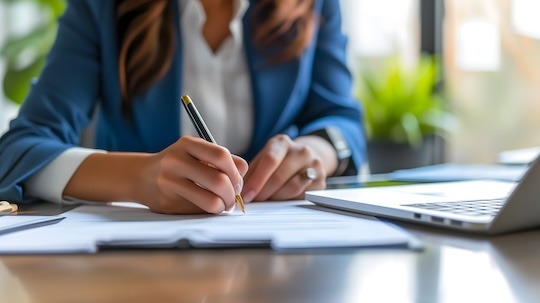 woman writing on a document woman writing on a document